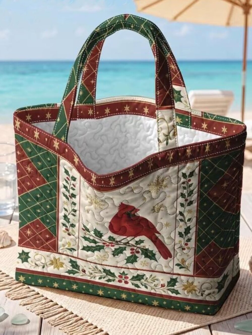 QUILTED CARDINAL & HOLLY TOTE - Picture 3 of 4